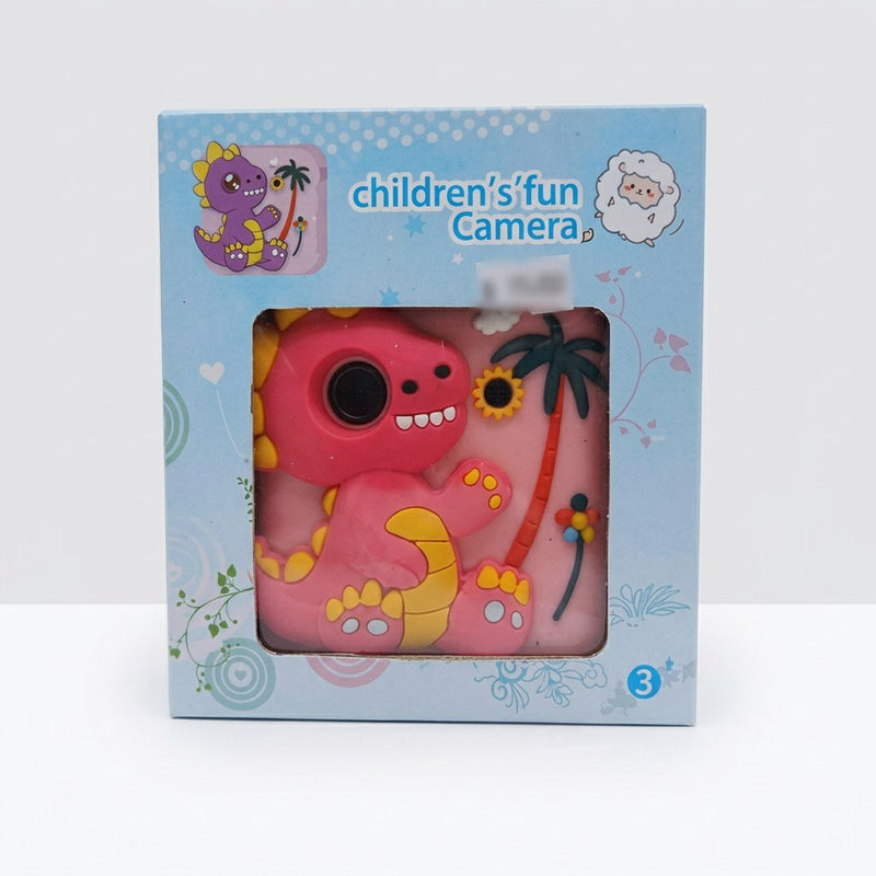 Box front for a pink dinosaur-shaped toy camera, titled children's fun Camera, with a 3+ age badge in the corner