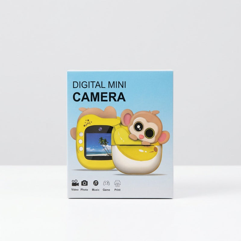 Box front for a banana and monkey shaped digital mini camera, yellow packaging with a live screen preview and five function icons