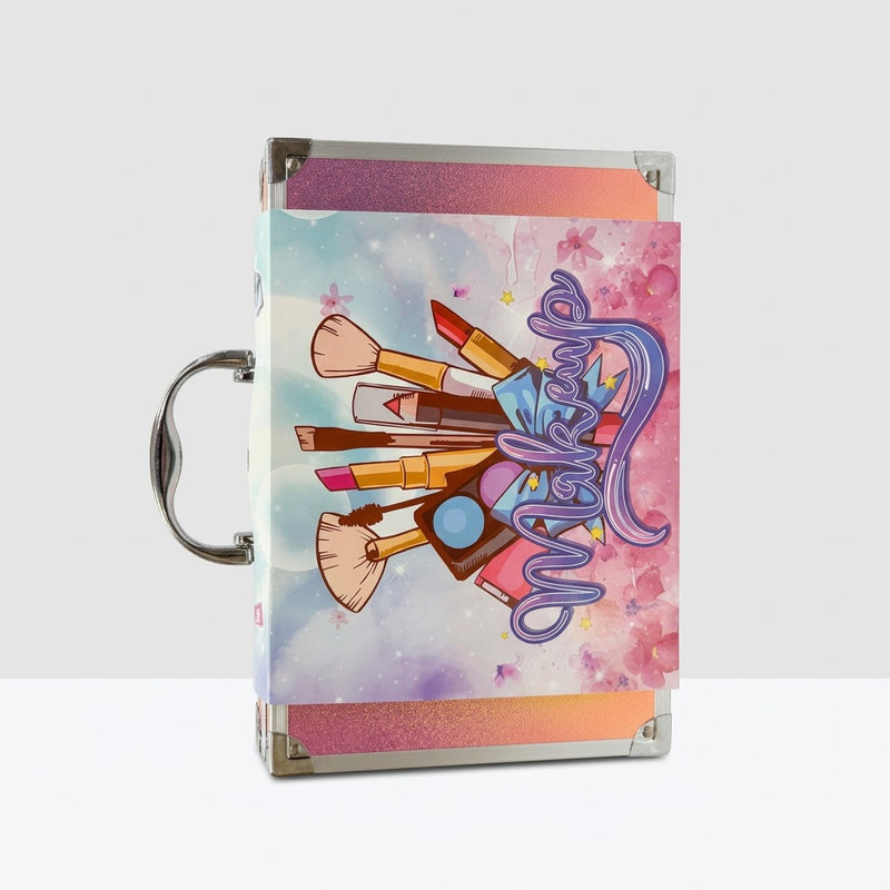 Closed unicorn-print makeup case with a silver carry handle, front view