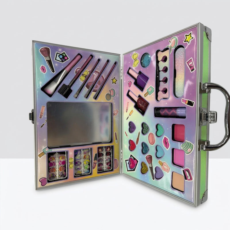 Open makeup case showing the fold-out mirror above two trays of pretend makeup