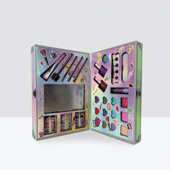 Open makeup case from the other side showing brushes, nail polish and press-on nails
