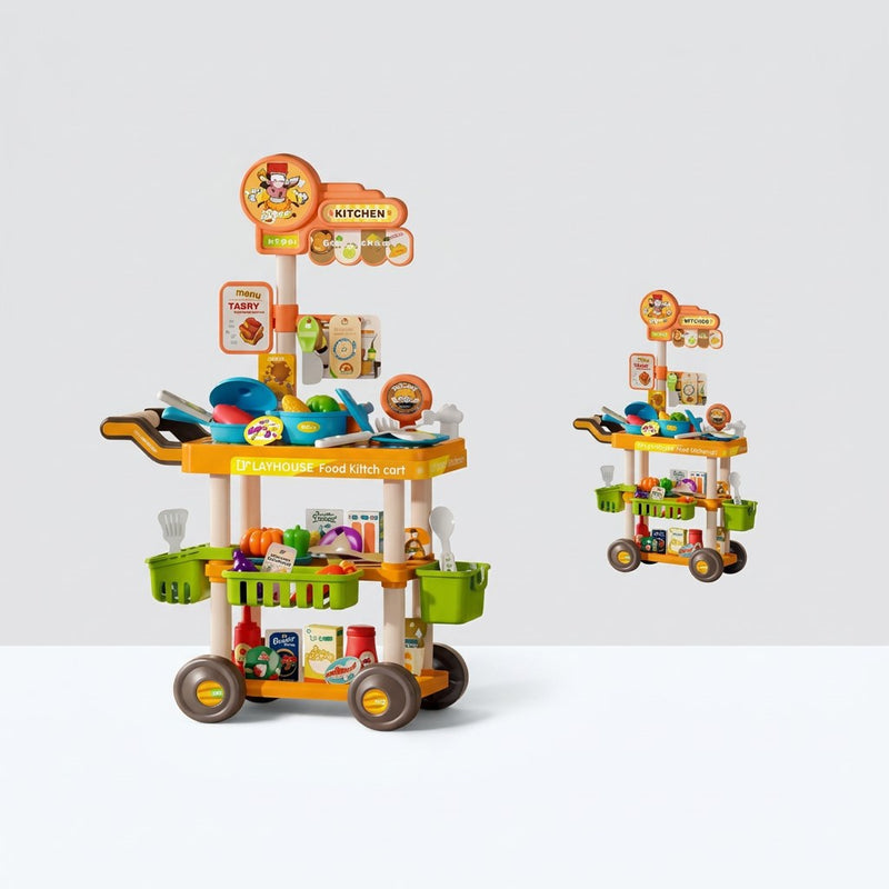 Two-tier wheeled tableware cart with play pots, pans and bowls on top and baskets of play food below, next to its Playhouse Tableware Cart box showing the 69PCS badge