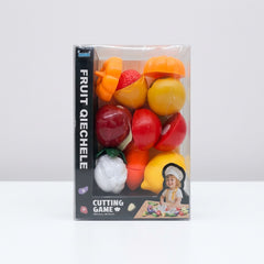 Fruit and vegetable cutting play set in its window box, apple, orange, strawberry, onion and more