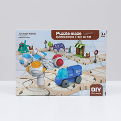 Building block maze track set box front, DIY block puzzle, 3+ ages badge