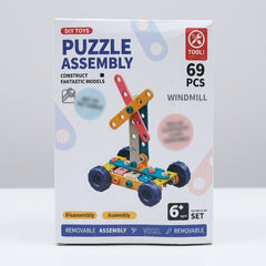 Construction set box front, Puzzle Assembly, 69 pieces, Windmill model, age 6+ badge