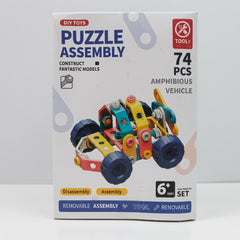 Construction set box front, Puzzle Assembly, 74 pieces, Amphibious Vehicle model, age 6+ badge