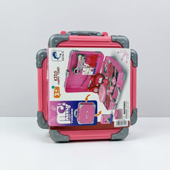 Pink hard-shell makeup case with a carry handle and a "22 PCS" sticker on the front
