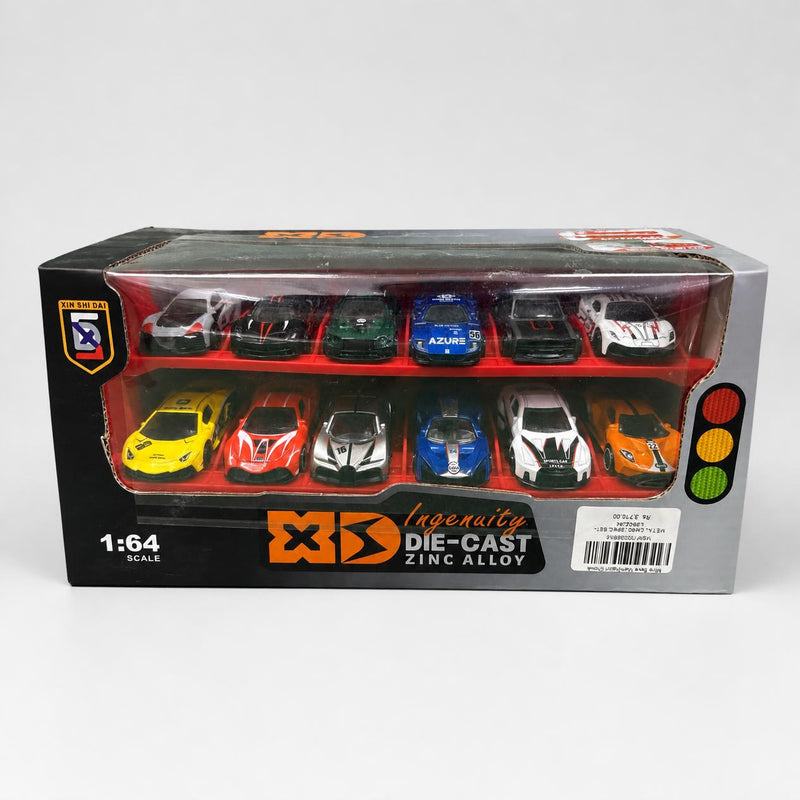 XD die-cast car set box front, two tiers of 1:64 scale metal sports cars behind a window
