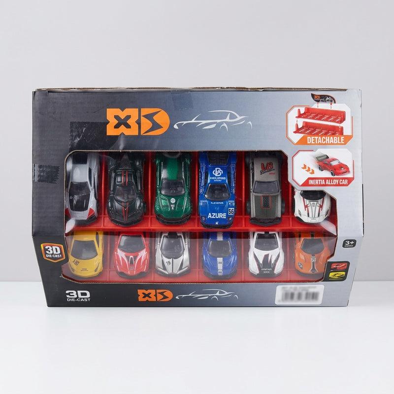Angled view of the open box showing the cars standing in their red tray slots