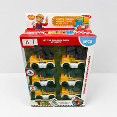 Cartoon Truck box front, six yellow construction trucks in two rows under a clear window