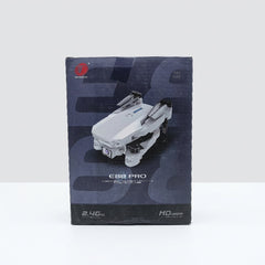 E88 Pro foldable drone box front, showing the quadcopter with its camera nose and fold-out arms, with the 14+ age badge and 2.4GHz radio text