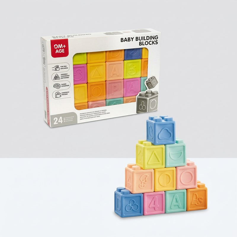 Baby Building Blocks box, 21.5 x 18.4 x 3.7cm, 24-piece count badge, pastel cubes visible through the window