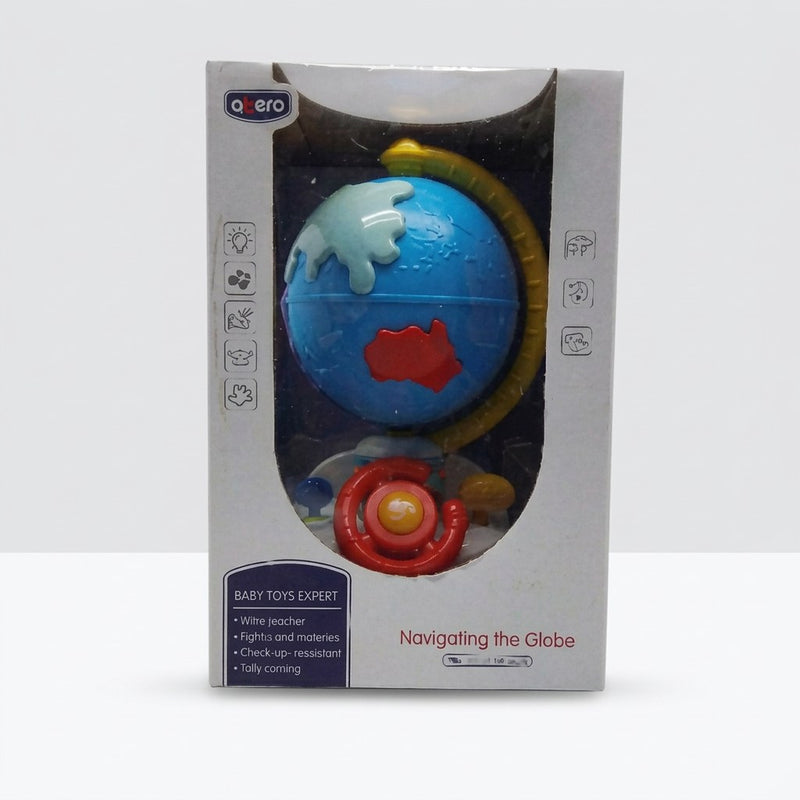 Navigating the Globe box front, blue plastic globe on a yellow arm stand with a red spinner piece at the base