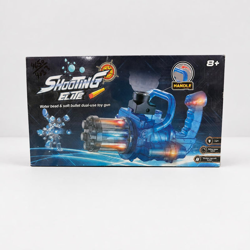 Shooting Elite six-barrel gatling gun in clear blue with a handle over the top, box front