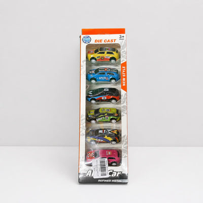 New Style AlloyCar box front, six die-cast race cars in a row behind the window