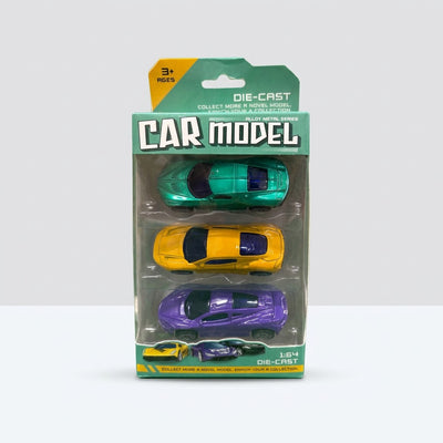 Die-cast car model card front, teal, yellow and purple cars in a blister