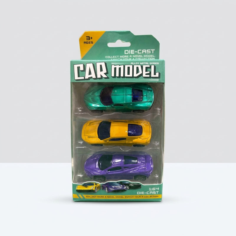 Die-cast car model card front, teal, yellow and purple cars in a blister