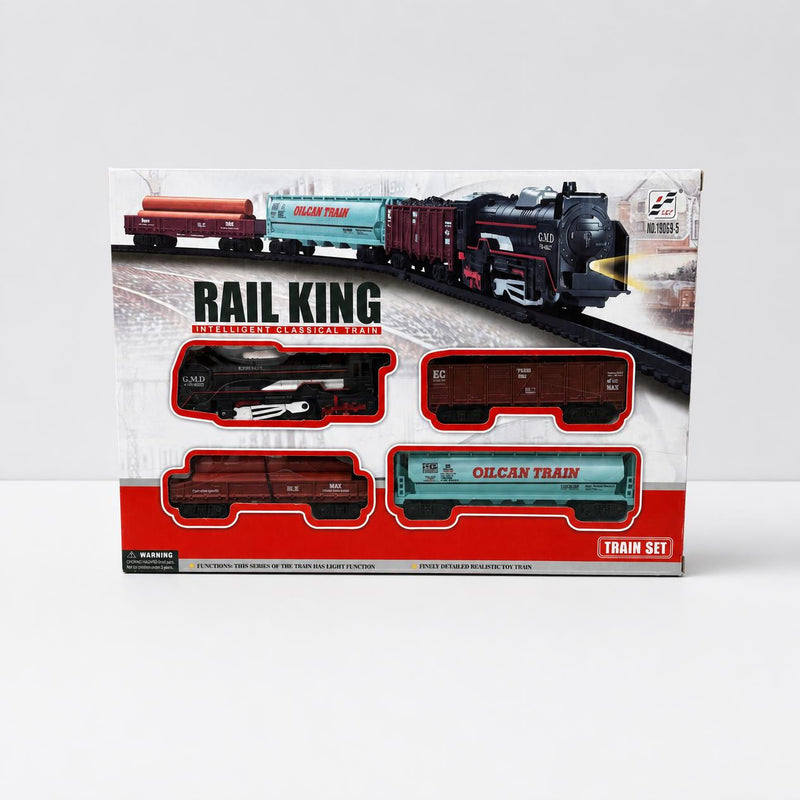Rail King train set box front with the locomotive, oilcan tanker, freight and log wagons