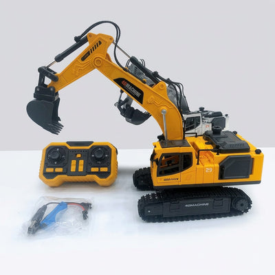 RC excavator with its digging arm and bucket, crawler tracks, remote control and rechargeable battery pack