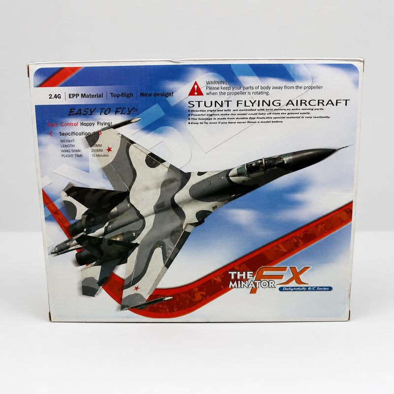 The FX Minator box front showing the camouflaged stunt flying aircraft and its spec block