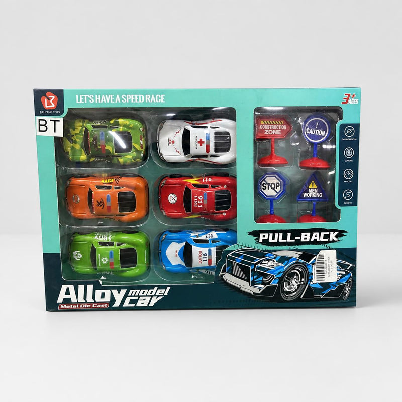 Alloy model car box front, six die-cast cars and four road signs under a clear window