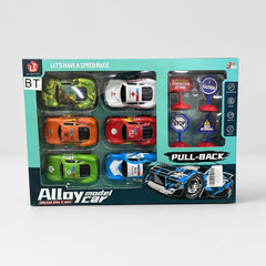 Alloy model car box front, six die-cast cars and four road signs under a clear window