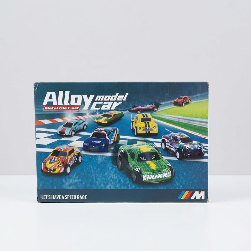 Close-up of the blue cartoon racer printed on the box front with the shop price label