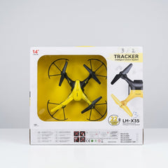 Back of the box showing the drone with its underside camera and the function list
