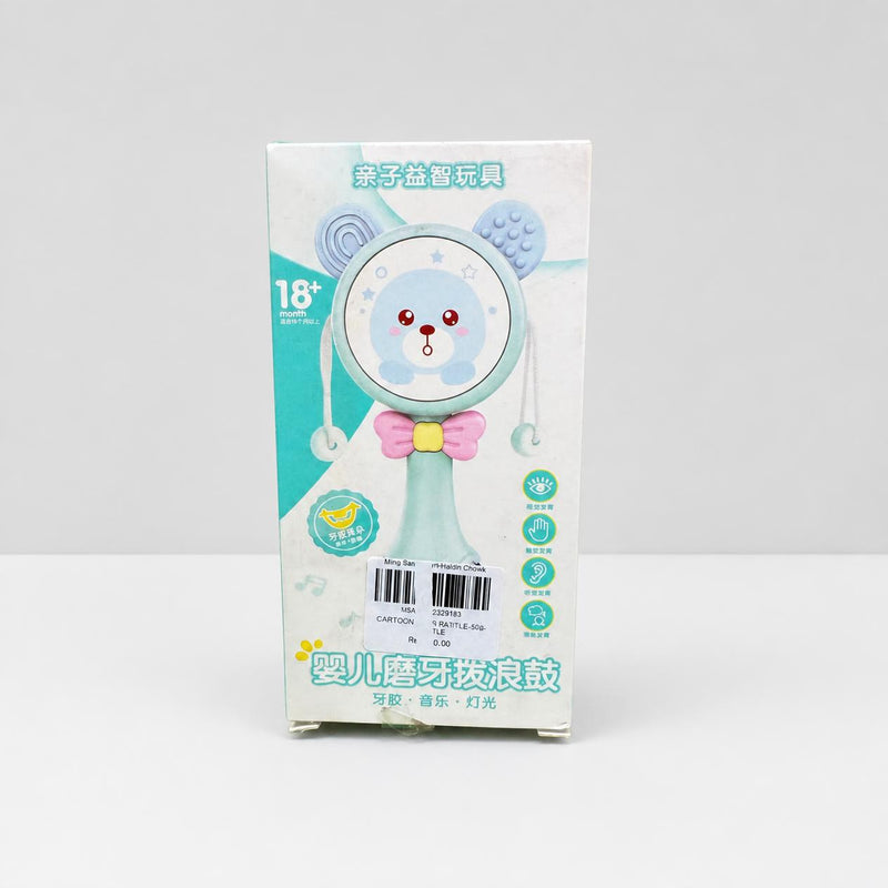 Baby rattle drum box front in mint and white, 18+ month badge and the shop sticker