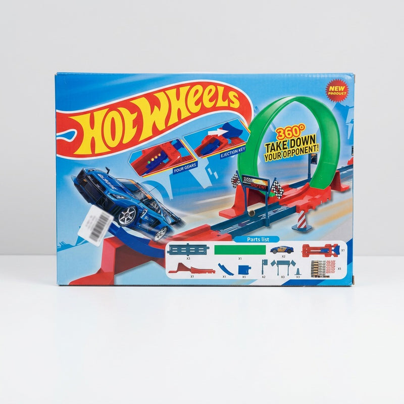 Hot Wheels box front with the 360-degree loop, the ejection launcher and the blue die-cast car