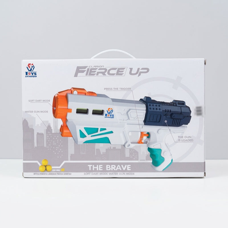 The blaster showing its orange launcher barrel and pull-back slide