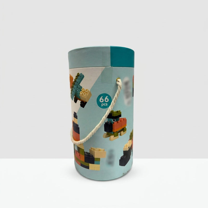 Teal-topped tube alone, with a "66 pcs" badge and animal-shaped block builds printed on the side