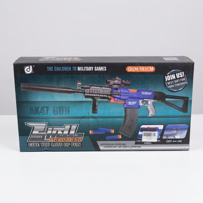 AK47 Gun box front showing the assembled blue rifle and the 103CM marking