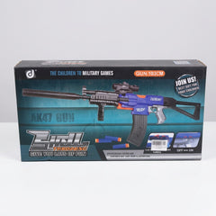 AK47 Gun box front showing the assembled blue rifle and the 103CM marking