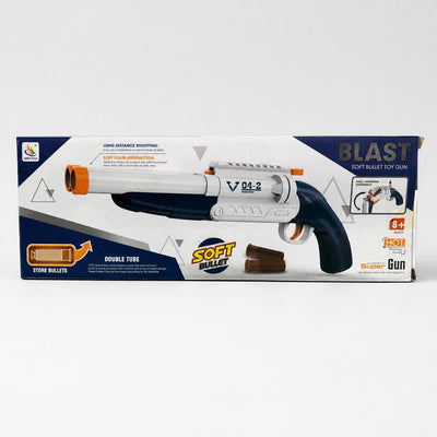 BLAST soft bullet toy gun box front showing the white and navy gun and the double tube badge