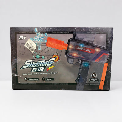Shooting Elite Uzi-style soft bullet and water bead gun, clear blue body with an orange silencer