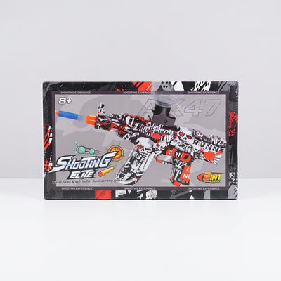 Shooting Elite AK47 soft bullet and water bead gun in graffiti camouflage, box front with 8+ badge