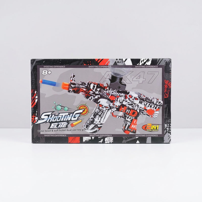 Shooting Elite AK47 soft bullet and water bead gun in graffiti camouflage, box front with 8+ badge