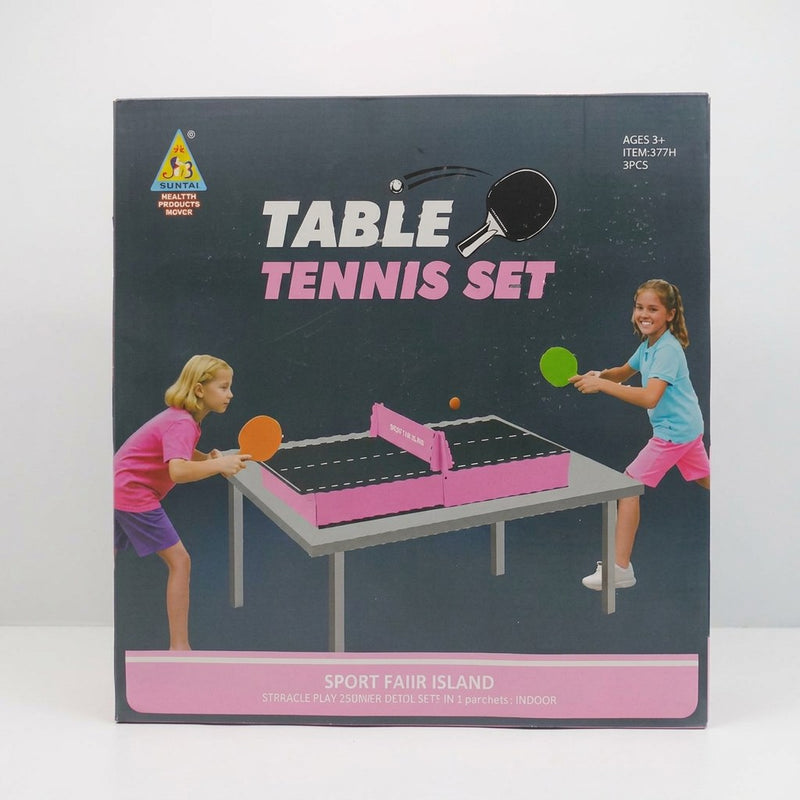 Table tennis set box front, mini table with net, two children playing with paddles, age 5+