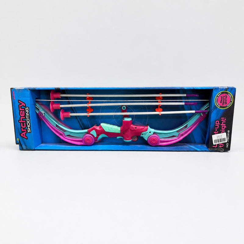 Archery Shooting box front, pink and mint bow with three suction-cup arrows in the tray