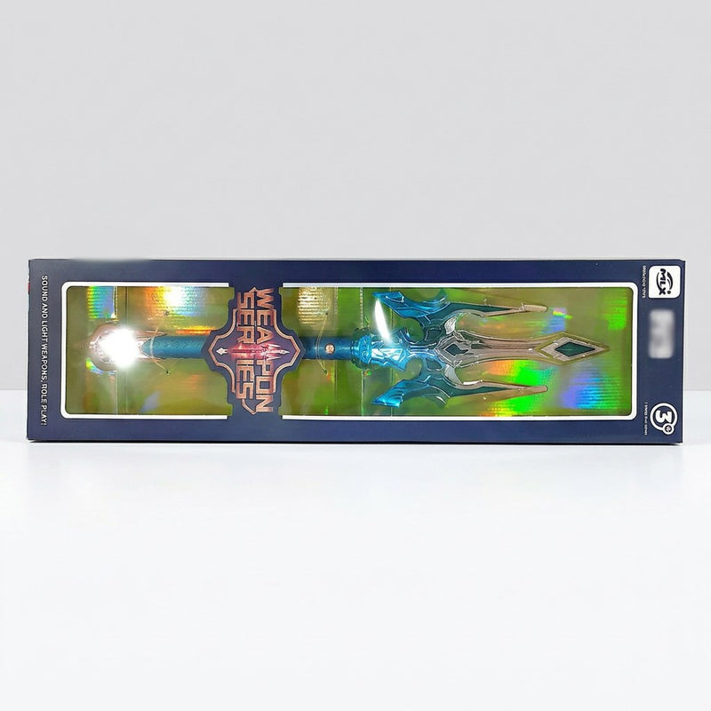 Weapon Series box, front and back panels; blue light-up trident toy, 3+ badge, and battery and small-parts warnings on the back panel