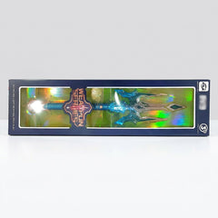 Weapon Series box, front and back panels; blue light-up trident toy, 3+ badge, and battery and small-parts warnings on the back panel