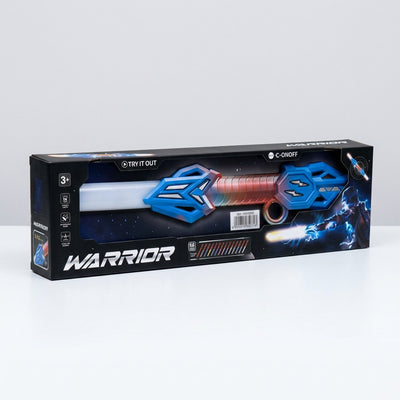 Warrior Dual-Head Extendable light sword infographic, 14 dynamic lights, retractable blade, simulated sounds icons