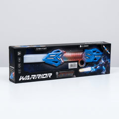Warrior Dual-Head Extendable light sword infographic, 14 dynamic lights, retractable blade, simulated sounds icons