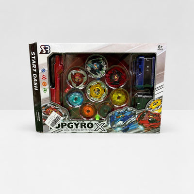 TopGyro X box front showing the seven tops, the pull-cord and X Winder launchers, 6+ AGES