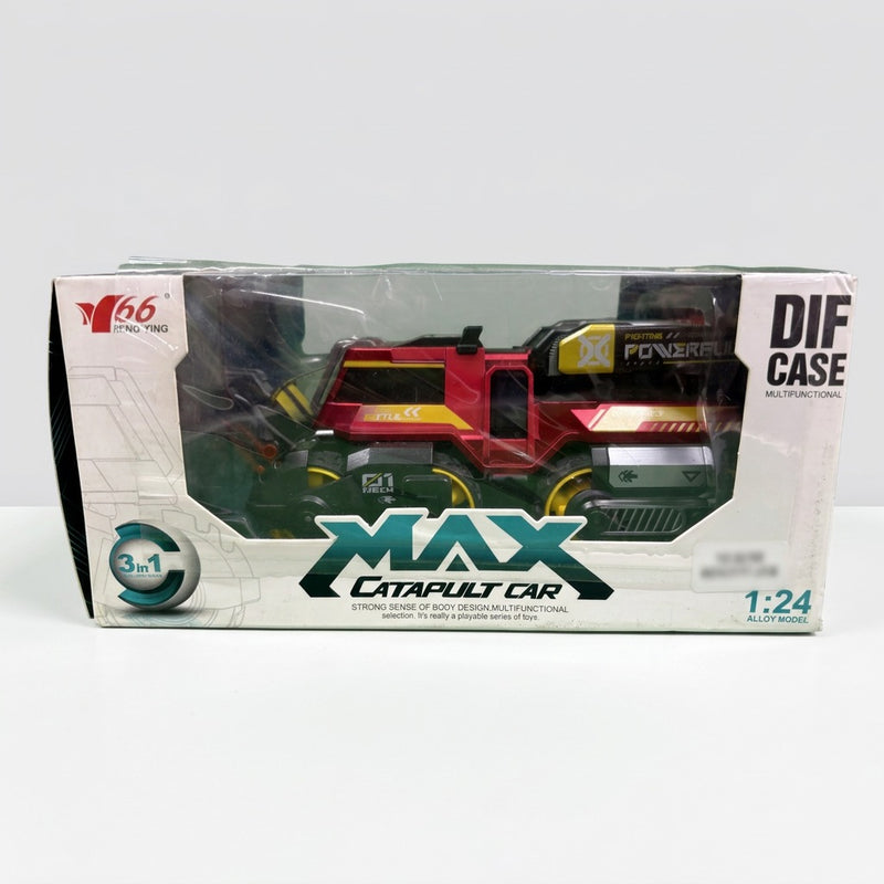Box front close-up showing the DIE CAST MULTIFUNCTIONAL window, MAX CATAPULT CAR logo and 3+ AGES text