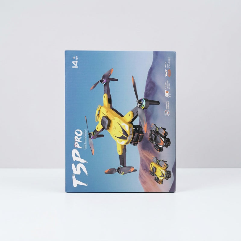 T5P Pro drone box front, yellow quadcopter with the 14+ AGES badge