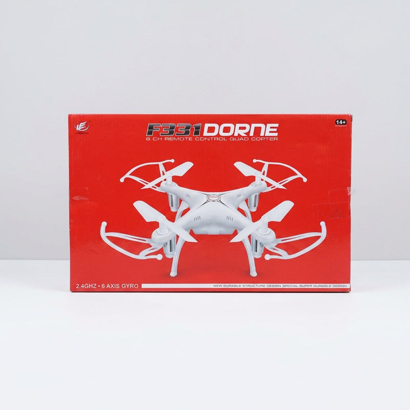 F331 Dorne box front, white six-rotor-guard quadcopter with the 14+ badge and 2.4GHz 6 Axis Gyro text