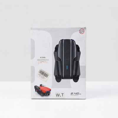 E99 mini camera drone box front, folded black and red drone with the 12+ age roundel