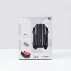 E99 mini camera drone box front, folded black and red drone with the 12+ age roundel